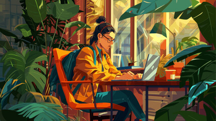 freelancer, woman, laptop, desk, stylish, chair, glasses, focused, work, young, tied-up hair, sitting, computer, office, technology, professional, business, creativity, home office, productivity, inde