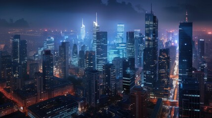 tall buildings in the night city against a dark background, focusing on realism and high detail to convey the urban atmosphere.