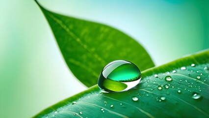 Macro photography of a raindrop suspended from a green leaf. Generative AI