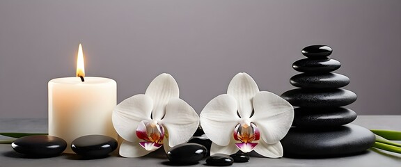 Zen inspired spa setting. Black matte stones, orchids and candles. Stress relief concept. Generative AI