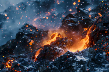 Lava eruption at snowy mountains