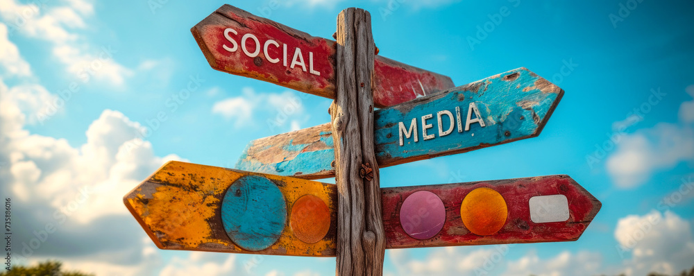 Poster a multi directional signpost with colorful social media and communication icons representing various