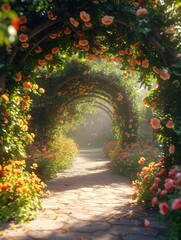 Fototapeta premium Pathway Lined With Abundant Flowers Beside Lush Green Forest