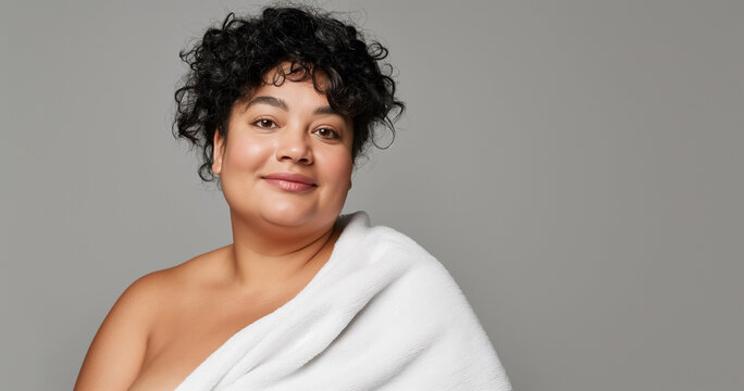 Studio portrait of confident curvy woman with natural clean skin, bath towel, and positive self image, gray background