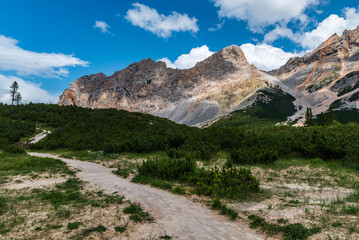 Alta Via 1 hiking trail between Fanes and Pederu huts in the Dolomites