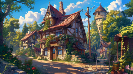 Medieval Environment Illustration. Beautiful 4K vintage town, vibrant colors. Generative AI