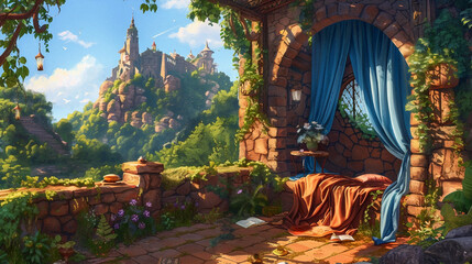 Obraz premium Medieval Environment Illustration. Beautiful 4K vintage town, vibrant colors. Generative AI
