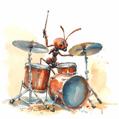 Fototapeta na wymiar Ant playing drums, watercolor illustration.