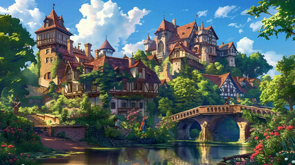 Medieval Environment Illustration. Beautiful 4K vintage town, vibrant colors. Generative AI
