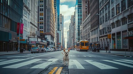 Fototapeta premium a white Chihuahua gracefully walking through the bustling streets of a modern city, exuding elegance and companionship amidst the urban landscape.