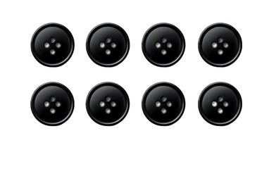 Set of Six Black Buttons. A photograph of a collection of six black buttons arranged neatly on a plain Transparent background.