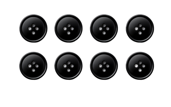 Set of Six Black Buttons. A photograph of a collection of six black buttons arranged neatly on a plain Transparent background.