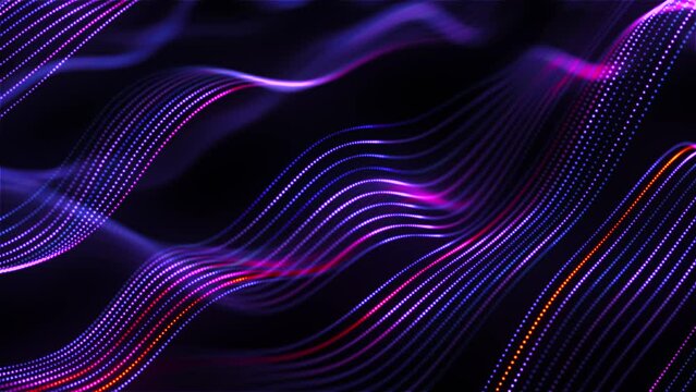 Glowing dotted bright lines on waving virtual surface. Abstract concept of digital sound waves, blockchain technology or big data analysis. 4K looped video of 3D vibrant waves on black background