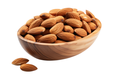 Wooden Bowl Filled With Almonds. A wooden bowl filled with almonds sits on a clean Transparent background, showcasing the abundance of nutritious nuts.