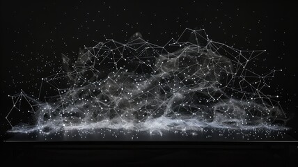 holographic node networks resembling constellations, set against a backdrop of glowing white ink on black, financial data in a futuristic and visually captivating way.
