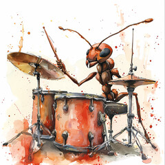 Ant playing drums, watercolor illustration.