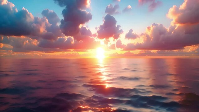 Ocean sunset. Magical dramatic sea sunset. Burning sky and shining golden waves. Sunset sea 4k. Red sky, yellow sun and amazing sea. Summer sunset seascape. Colorful pink and golden colors beauty