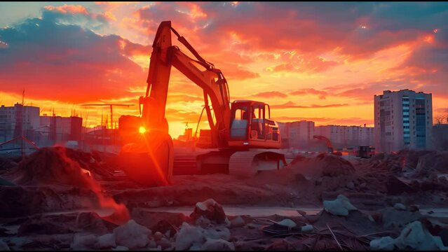 Excavetror working at construction site with underconstruction site background during sunset time, generative ai