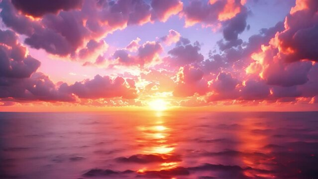 Ocean sunset. Magical dramatic sea sunset. Burning sky and shining golden waves. Sunset sea 4k. Red sky, yellow sun and amazing sea. Summer sunset seascape. Colorful pink and golden colors beauty