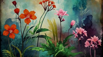 Obraz na płótnie Canvas Grunge style beautiful, colorful, abstract art. Paper texture. Colorful painting. Watercolor background with flowers and plants.Ai generative