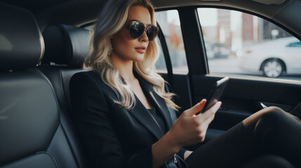 A beautiful young successful businesswoman uses a smartphone in the car during a trip, communicates with business partners, and types a message to friends and family. - obrazy, fototapety, plakaty