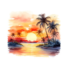 Fototapeta na wymiar Watercolor tropical sunset. Vector illustration design.