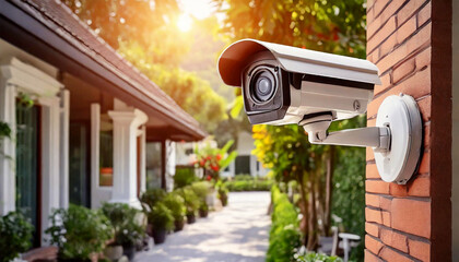Close-up of a CCTV modern security camera outside a house in a residential district, using for recording and monitoring the criminals scene. Generative Ai. - Powered by Adobe