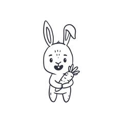 cute cartoon bunny with carrot for easter and spring. Doodle style.