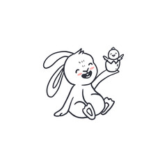 cute cartoon bunny with egg and chick for easter and spring. Doodle style.