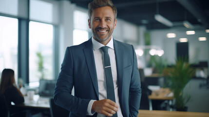 portrait of a happy businessman standing in office, smiling person in office, businessman in suit