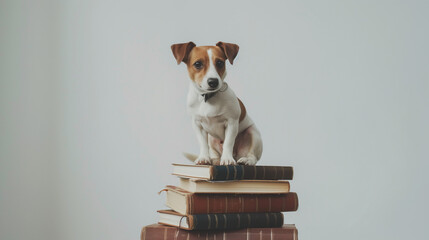 Cute little Jack Russell Terrier on a Stack of Books - obrazy, fototapety, plakaty