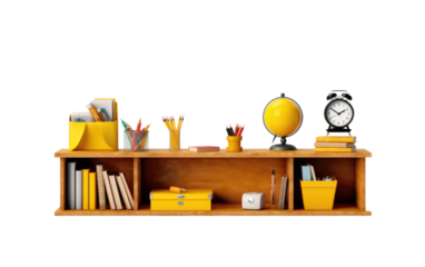 Shelf With Clock, Books, Pencils, and Other Items. A shelf containing a clock, books, pencils, and various other items neatly arranged.