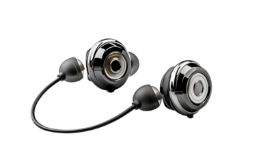 A Pair of Ear Buds With Cord. A photo of a pair of ear buds connected by a cord, lying on a flat surface.