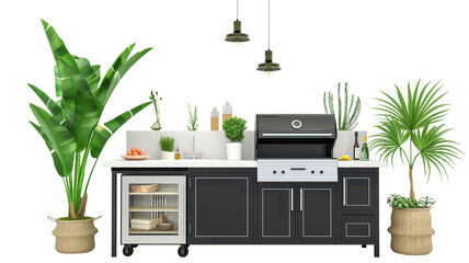 Outdoor Kitchen Setup with Grill and Plants, isolated on transparent background