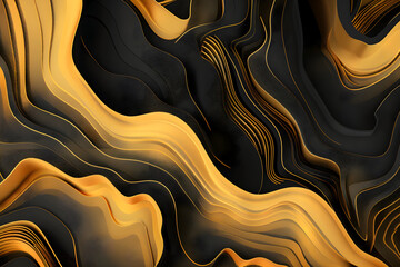 Abstract surreal Three-dimensional golden and black background, incorporating natural shapes and...