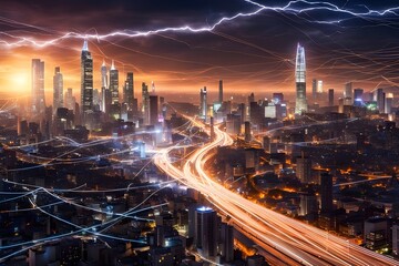 Fototapeta na wymiar Futuristic Cityscape: Electric Current Speeding Through Power Grids