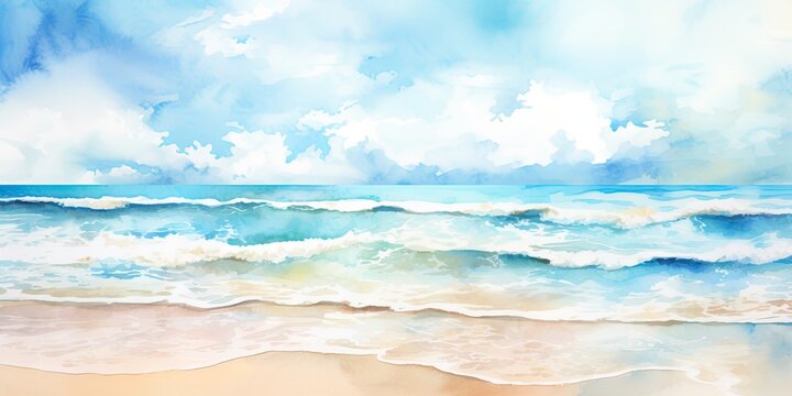 Watercolor Beach with Sea Waves, Aquarelle Ocean Tide, Vacation Background with Sea Waves Drawing