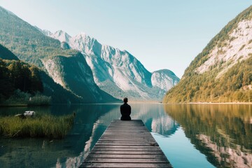 A man is sitting on a wooden pier on a lake in the mountains. Landscape lake in the mountains. An...