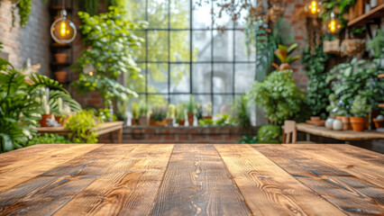 Wooden table for montage your products against blurred Cozy interior of sustainable floristic shop. Eco friendly shopping concept. Scene stage showcase for promotion sale or advertising. Front view - obrazy, fototapety, plakaty