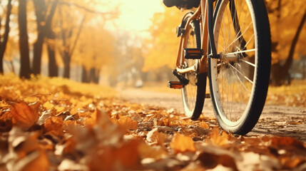 Bicycle in motion, autumn background, wheels leaves.