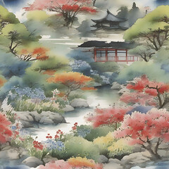 Obraz na płótnie Canvas Watercolor painting of a wildflower garden in the style of traditional Japanese painting.