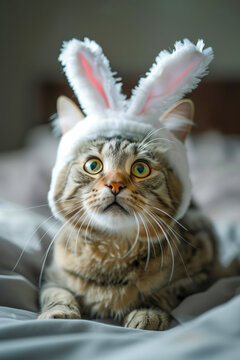 Cute domestic surprised and funny cat in a hat with rabbit ears.