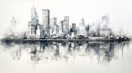Black and white sketch city with reflection drawing. - Powered by Adobe