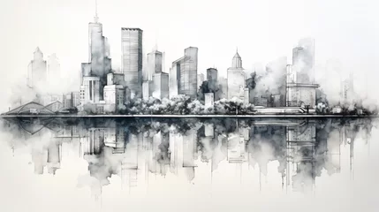Poster Black and white sketch city with reflection drawing. © Ashley
