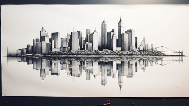 Fototapeta Black and white sketch city with reflection drawing.