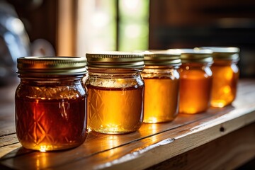 Many various honey jars in a row with different honey colors, different honey qualities, natural honey - obrazy, fototapety, plakaty