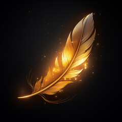 Gold feather in a glowing dark background, with gold pixie dust around