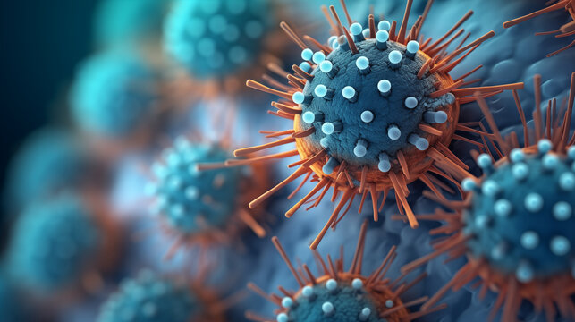 A bright close up microscopic photo of an influenza virus. Bacteria microphotography healthcare or science concept.