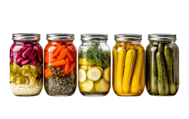 Row of Jars Filled With Various Types of Vegetables. A row of jars containing a diverse assortment of vegetables, showcasing the vibrant colors and textures of the preserved produce.