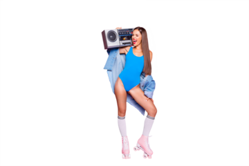 Let's make noise! Swag people person leisure hobby melody meloman concept. Full length body size photo of beautiful excited mad joyful girl holding tape radio on shoulder isolated pastel background